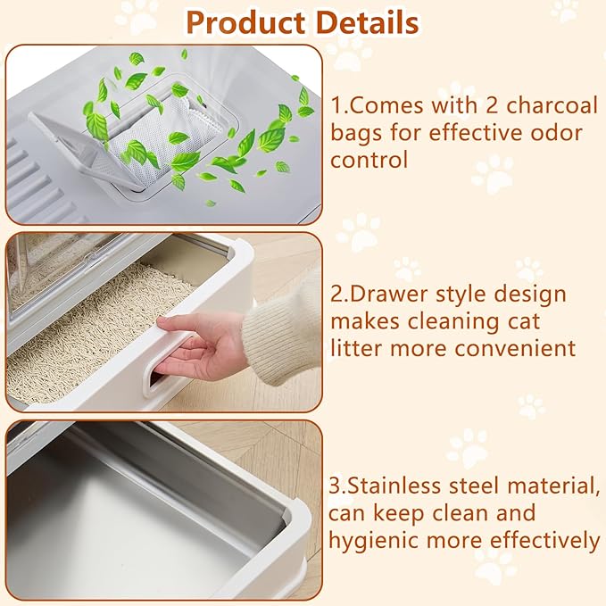 ELEGX Odor-Control Drawer Design Stainless Steel Cat Litter Box,XL Large 4-in-1 Cat Metal Litter Box Set,Extremely Easy to Clean,Enclosed Removable Metal Litter Box with High Sided Enclosure