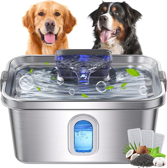 Dog Water Fountain for Large Dogs Stainless Steel Dog Water Fountain 2 Gal Cats & Pets Automatic Pet Water Fountain with Large Drinking Area Ultra-Quiet Pump Water Fountain Dog Bowl with Filters