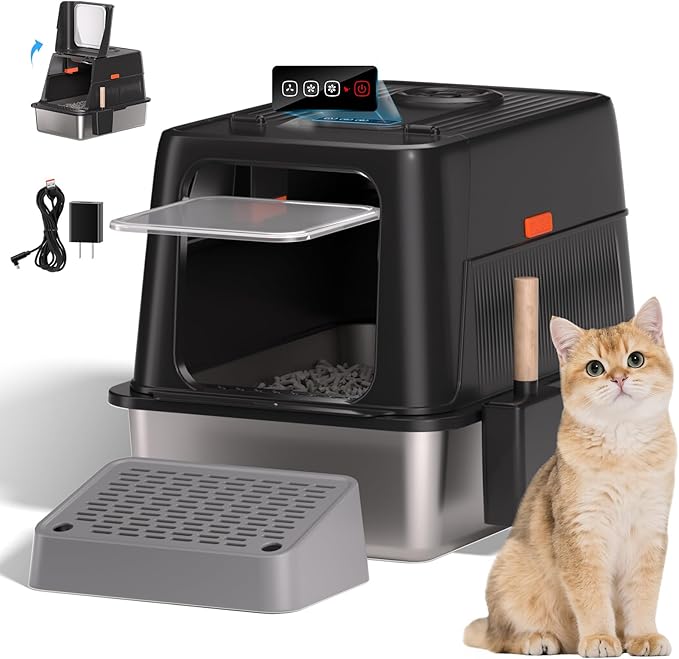 Smart Odor Control Stainless Steel Litter Box,160° Flip-Top Extra Large Cat Litter Box,Safety Protection,for Big Cats&Multiple Cats,with cat Litter Spoon and footrest,Anti-Leakage, Non-Sticky
