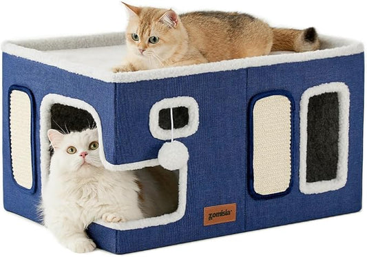 Extra-Wide Cat House for Indoor Cats - Large Cat House for Pet with Fluffy Ball Hanging and Scratch Pad, Foldable Cat Hideaway for Multi Cats, 23x16.5x13 inches, Navy