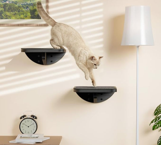 Grey Sisal-Padded Cat Wall Steps (2-Pack), Floating Wooden Cat Perch and Climbing Step Set, Wall Mounted Furniture for Jumping & Play
