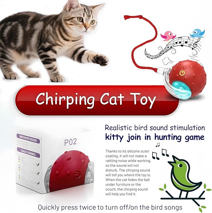 Interactive Cat Toys Ball - 2025 New Gen with Smart Obstacle Avoidance,Bird Chirps & Auto Wake-Up,Includes 1 Speedy Tail 2.0 Ropes, Ideal Kitten Toys for Bored Indoor Cats (Red)
