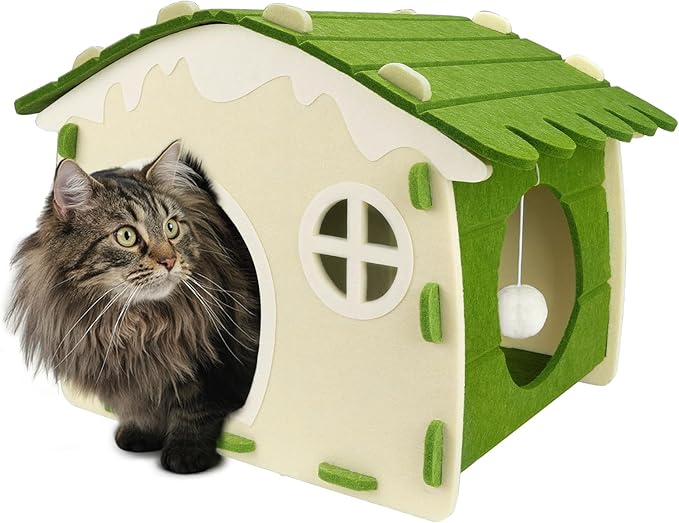 Babepets Cat House for Indoor Cats, Medium Felt Bed Cave with Ball Hanging, Foldable Detachable Cats Condo, Scratch Resistant Hideaway for Multiple Pets up to 20Lbs, House Cat Playhouse, Army Green
