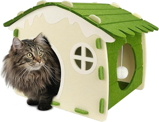 Babepets Cat House for Indoor Cats, Medium Felt Bed Cave with Ball Hanging, Foldable Detachable Cats Condo, Scratch Resistant Hideaway for Multiple Pets up to 20Lbs, House Cat Playhouse, Army Green