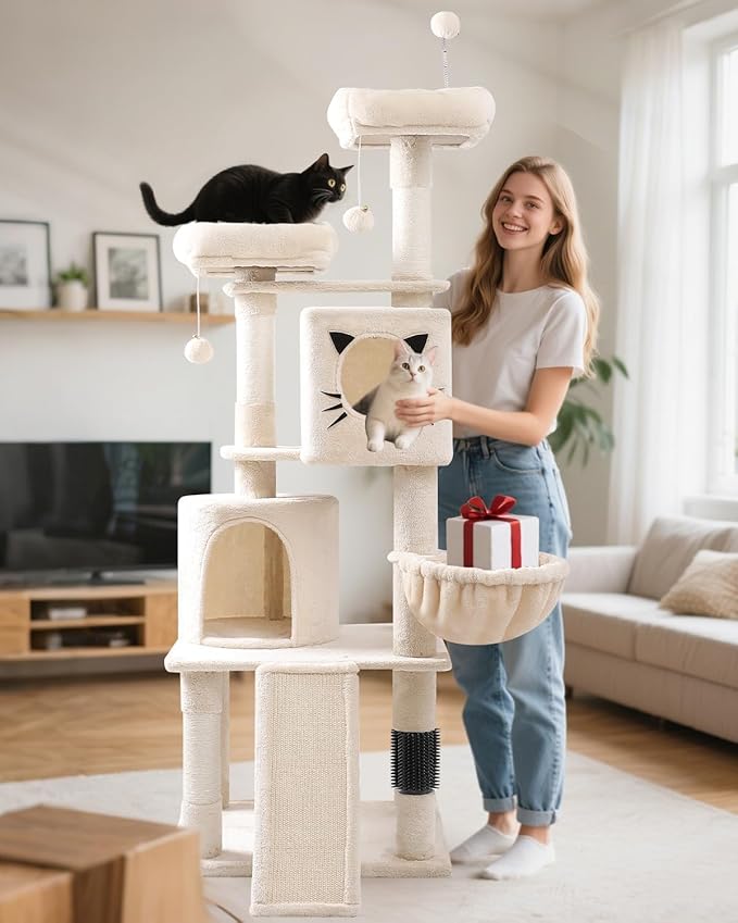 66in Multi-Level Large Cat Tree Tower for Indoor Cat/Kitties, Mordern Cat Tower with Sisal Scratching Posts, Condos and Hammock, Perches, Ramp for Climbing Heavy Duty