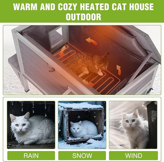 GUTINNEEN Heated Cat House for Outside Insulated in Winter, Weatherproof Outdoor Cat Shelter for Feral Cats, Kitten Cage with Heating Pad and Insulated Liner
