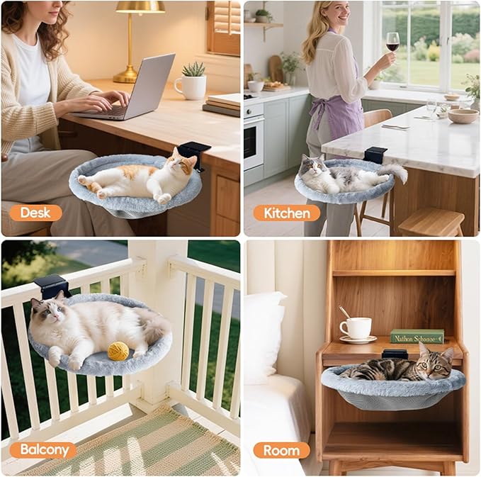 L&W BROS.Cat Desk Bed – Supports Up to 50 lbs, Removable Machine-Washable Plush Cover, Comfortable Cat Perch for Indoor, Space-Saving Foldable Design for Home Office, Gaming Desks