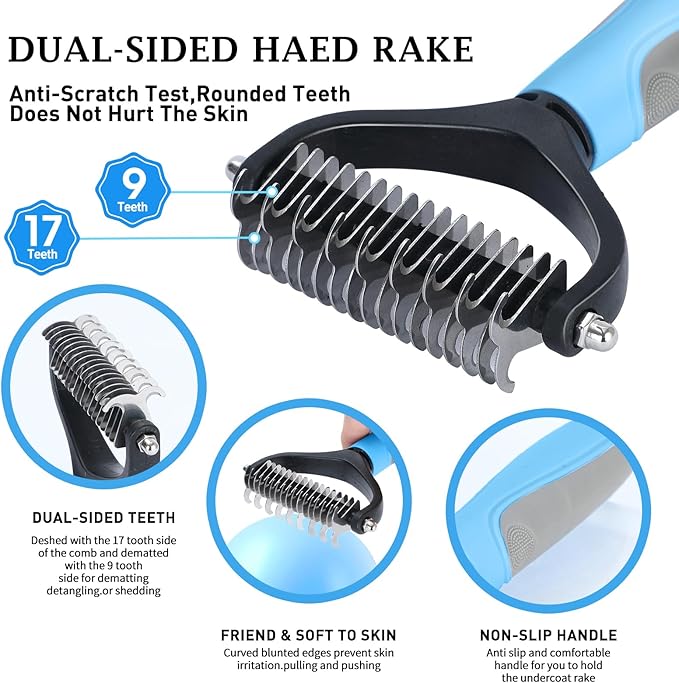 5 PCS Dog Grooming Brush Kit – Self Cleaning Slicker Brush for Shedding Short & Long Haired Dogs & Cats. Removes Loose Fur, Undercoat, Mats, Tangles. Suit for Small, Medium & Large Pets. Blue