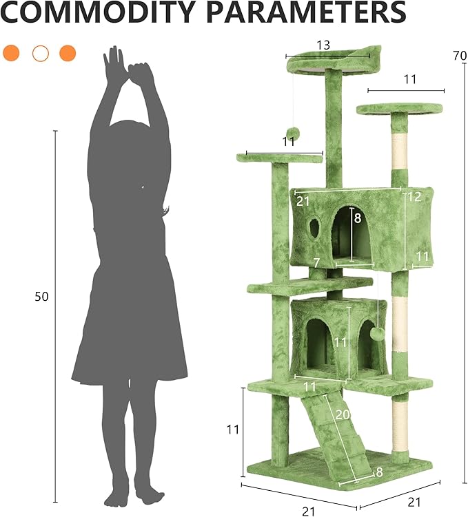 BestPet 70in Cat Tree Tower for Indoor Cats,Multi-Level Cat Furniture Activity Center with Cat Scratching Posts Stand House Cat Condo with Funny Toys for Kittens Pet Play House,Green