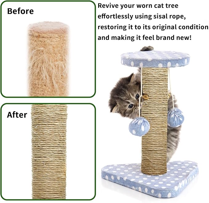 4mm Natural Sisal Rope, 164-Feet, for Cat Scratcher Repair and DIY Cat Tree, Replacement for Cat Scratcher, Make New Cat Toy, Wide Application, Length Choices