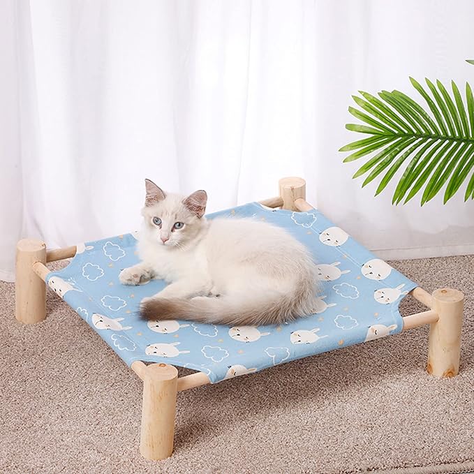 Pozico Cat & Dog Hammock Bed – Wooden Elevated Pet Cot with Breathable Mesh – Raised Cat Bed for Small Pets, Portable Puppy Bed Indoor & Outdoor Use – Blue Rabbit Design