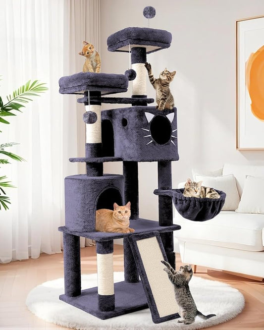 66in Multi-Level Large Cat Tree Tower for Indoor Cat/Kitties, Mordern Cat Tower with Sisal Scratching Posts, Condos and Hammock, Perches, Ramp for Climbing Heavy Duty