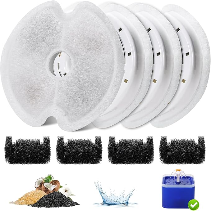 4 Packs Cat Water Fountain Filters for Ultra Silent Cat Fountain 67oz/2L with LED Night Light, Triple Filtration System Activated Carbon Filter with Pre-Filter Sponges for Pet Water Fountain