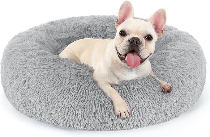 rabbitgoo Dog Bed for Small, 24 inches Machine Washable, Fluffy Donut Pet Bed Anti-Slip, Calming Soft Plush Round Cushion, Fits up to 18 lbs Pets, Light Grey