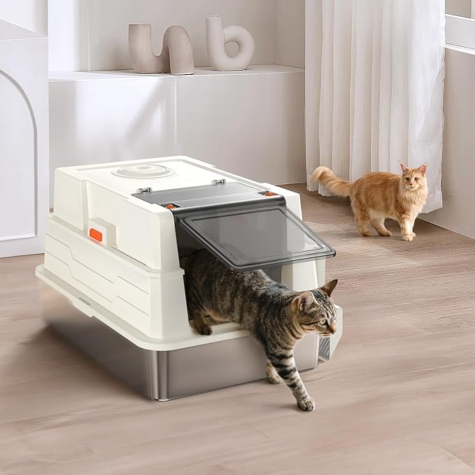 XXXL Stainless Steel Litter Box with Lid,28" L x 20.5" W x 16.5" H Extra Large Cat Litter Box Enclosure for Large and Multi-Cats Families,Non-Sticky, Anti-Leakage, Easy to Clean(White)