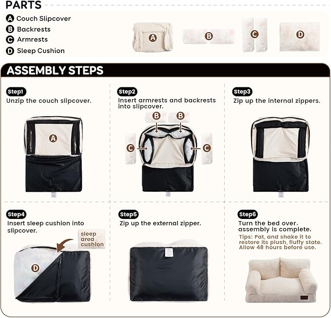 Hollypet Fluffy Plush Dog Cat Pet Couch Soft Calming Sofa Bed for Medium Small Cats and Dogs, Black and White