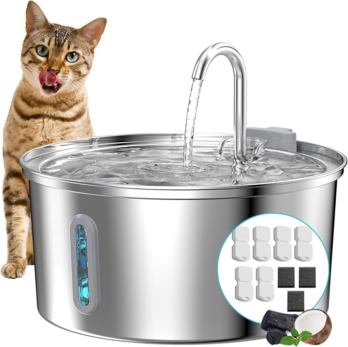 Cat Water Fountain Stainless Steel: 108oz/3.2L Cat Fountain for Drinking - Pet Water Fountain for Cats Inside - Automatic Cat Water Dispenser Bowl - Cat Feeding & Watering Supplies 6 Filters 3 Sponges