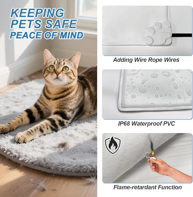 Cat Heating Pad, 17 x 13 in Cat Beds for Indoor Cats,Smart Temperature Switch Metal Protective Tube + Plush Fabric Cover Puppy Whelping Supplies- Grey