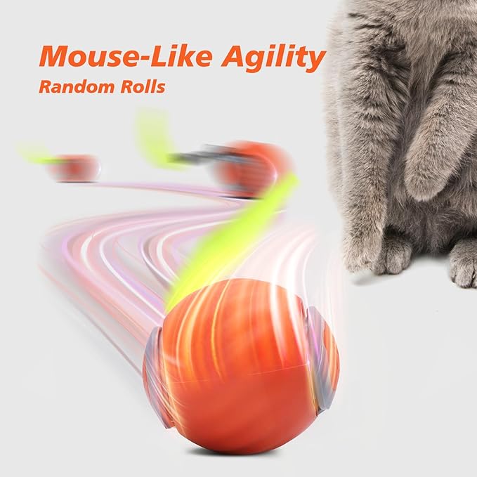 2Pcs Interactive Cat Toy for Indoor Cats, Speedy Ball with Tail, Automatic Moving Cat Balls for Bored Indoor Adult Cats, 360°Automatic Rolling Ball Toy, Two Speed Adjustment（Orange & Blue）
