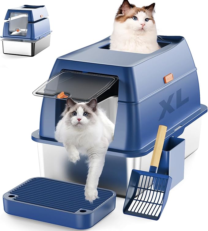Stainless Steel Cat Litter Box with Lid Extra Large Open-Top Dual Entry Enclosed Metal Pan Tray with High Sides Pedal Scoop Non-Stick Anti-Leakage Easy Cleaning for Big Multi-Cat (Blue)