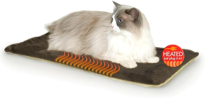 K&H Pet Products Heated Cat Bed Pad for Indoor Cats, Thermo-Kitty Mat Calming Warm Pet Heating Pad for Inside Pets, Machine Washable, Waterproof Heater, Safety Listed - 12.5 X 25in Mocha/Tan