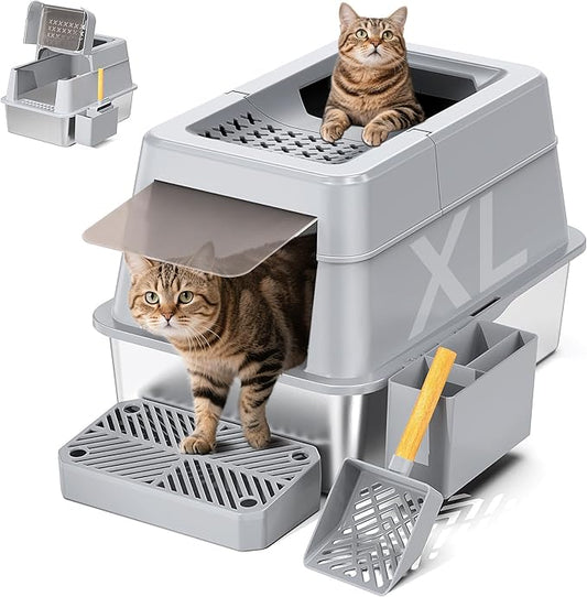 Stainless Steel Litter Box with Lid, XL Closed Metal Litter Box Modular Design with Flip Lid Fits All Cats, Extra Large Covered High Sided Cat Box, Scoop, Non-Sticky, Easy Cleaning, Grey