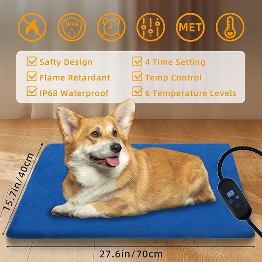 Pet Heating Pad, 6 Adjustable Temperature Heated Dog Cat Bed with Timer,Indoor Warming Heated Mat Pad with Chew Resistant Cord,15.7 x 27.6 Inches
