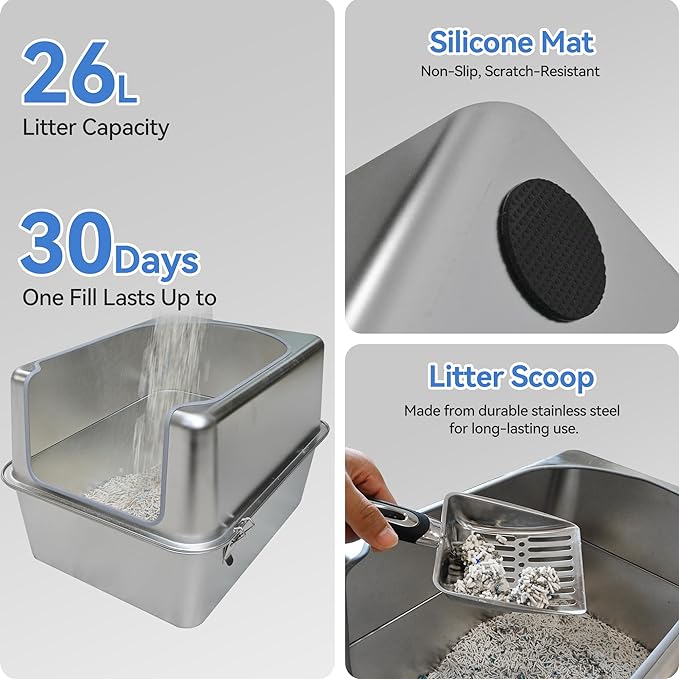 Stainless Steel Litter Box with Metal Lid and Scoop - Enclosed Metal Litter Box for Large Cats, Rust-Resistant, Odor-Control, Easy to Clean, Durable & Long-Lasting with Round Edge (L)