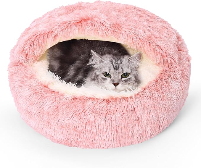 Calming Bean Mush Beds & Cat Cave with Hooded Cover, Removable Washable Round Beds for Small and Medium Pets, Anti-Slip Faux Fur, Fits Up to 15/25 lbs