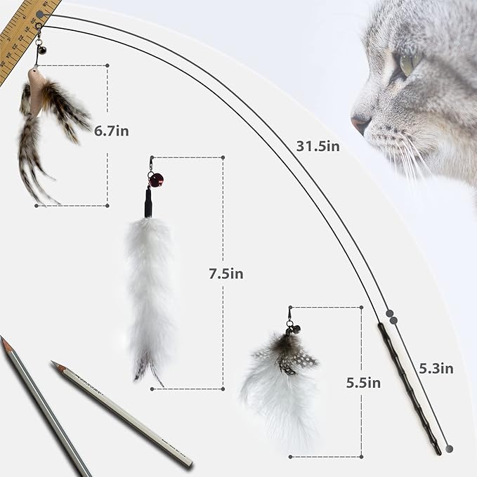 Cat Feather Toys - Interactive Wand & Teaser Set, Indoor Kitten Play & Exercise