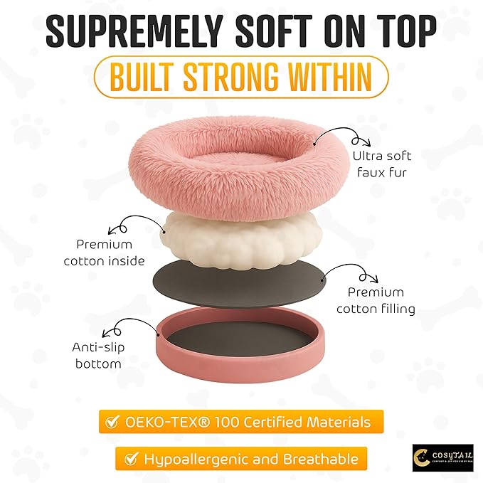 Anti-Anxiety Donut Pet Bed, Round Plush Faux Fur, Washable, Small to Medium Dogs and Cats (Pink, Large)