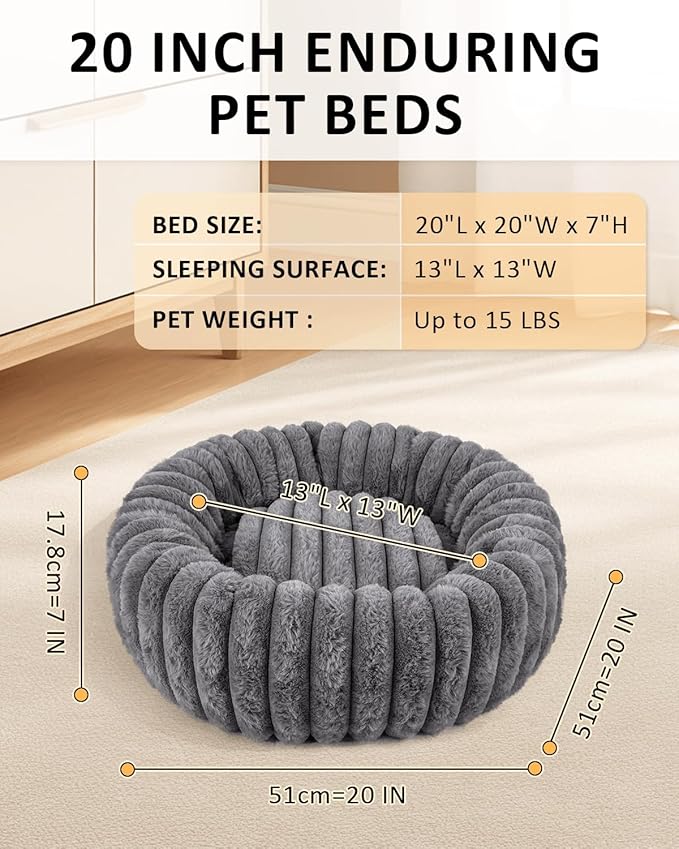 Round Cat Bed Kitten Beds, Gray Donut Small Cats Bed, Washable Super Soft Plush Faux Fur Pet Beds with Anti-Slip Bottom, 20x20x7 Inch Cat Cave Beds Calming Bed Cute Puppy Beds for Indoor