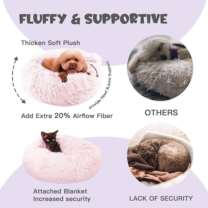 Himax Dog Beds for Medium Dogs, Pink Dog Bed with Blanket Attached, Calming Anti-Anxiety Fluffy Dogs Beds Washable (20"/26"/35")