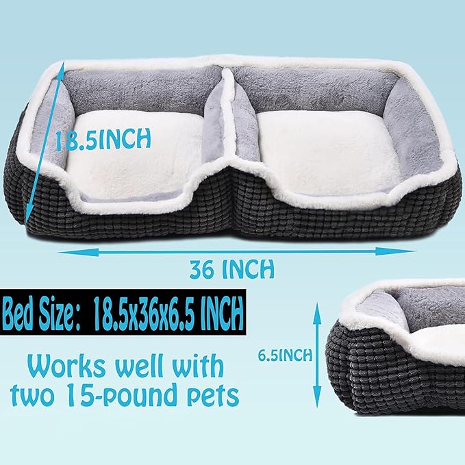 Dog Beds for Two Small Dogs, Double Cat Beds for Indoor Cats, Super Soft Washable Cat Bed with Anti-Slip & Water-Resistant Bottom, Luxury Durable Kitten Bed Puppy Bed, Rectangle Grey Animal Pet Beds