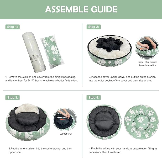 Donut Dog Beds for Small Dogs, Calming Round Cat Beds for Indoor Cats, Cute 3D Textured Paw Pet Bed with Removable Washable Cover and Anti-Slip Bottom（Green，23"）