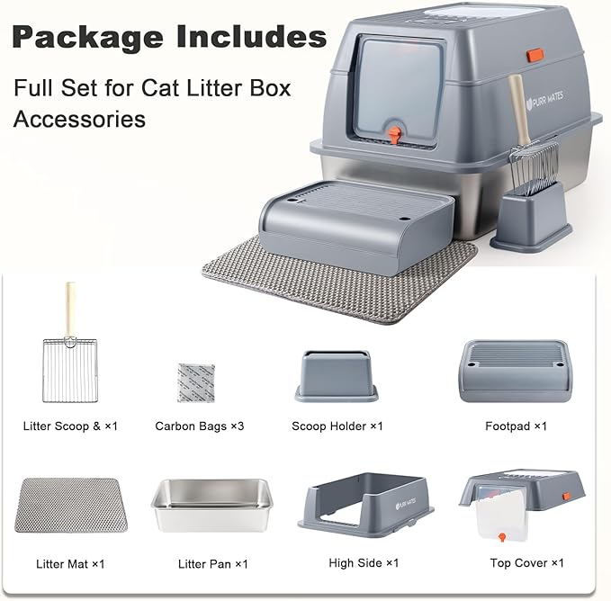 Stainless Steel Extra Large Covered Litter Box with High Sides Enclosed Lid for Big Tall Multiple Indoor Cat,Deep Metal,Jumbo Hooded,Low Entry Design for Dog Proof,Odor Control,Easy Clean,No Mess