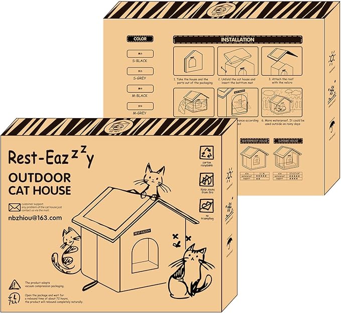 Rest-Eazzzy Cat House for Outdoor Cats, Weatherproof and Insulated Feral Cat House with Mat and Canopy, Easy to Put Together, Selfwarming Cat Shelter for Winter(13 * 13 * 14" Black with Support)