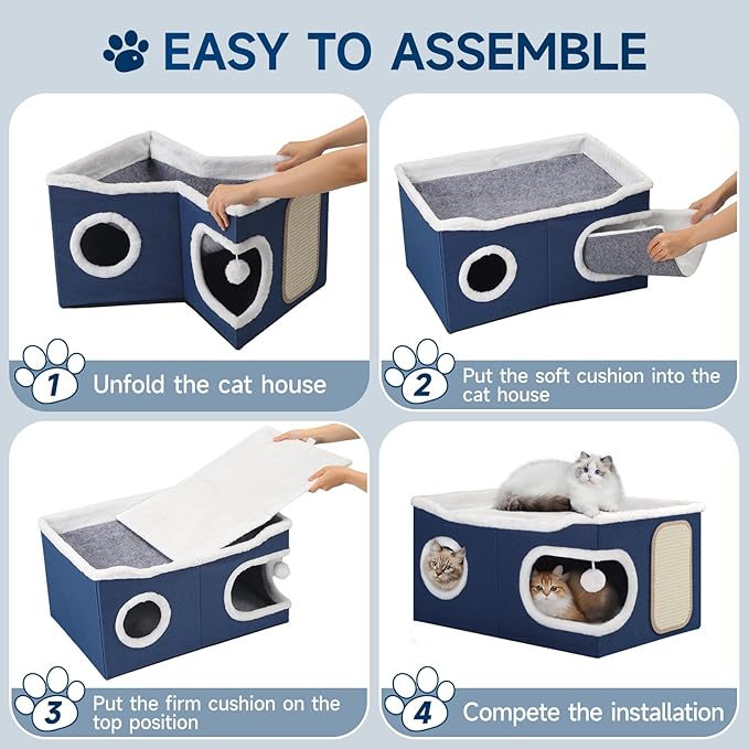 Cat Beds for Indoor Cats, Extra Wide Cat Cube House for Multi Cats, Foldable Cat Cave Hideaway with Arc-Edge Design & Oval Door, Double-Side Soft Cushion for All Seasons, 24"L x 17.7"D x 12.6"H, Blue