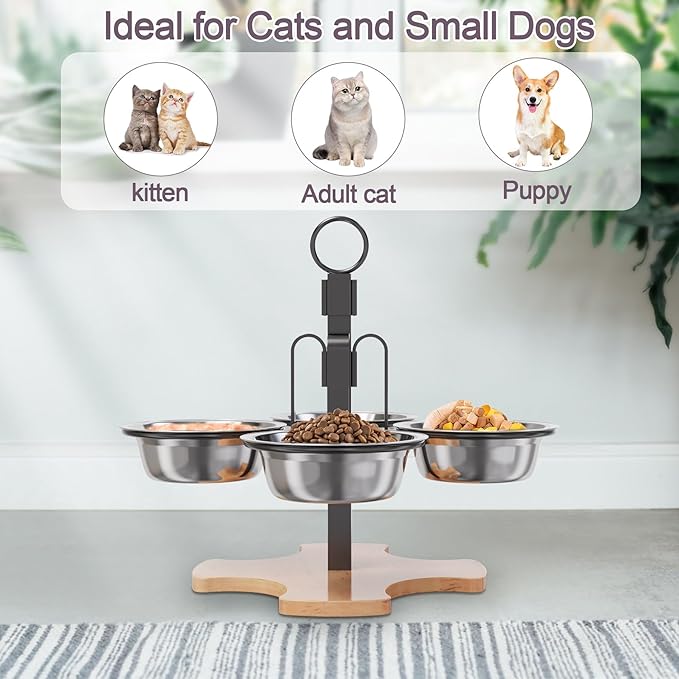 Adjustable Elevated Cat Bowls with Stand, 3 Height Raised Food & Water Bowl Set for Indoor Cats, 4 Stainless Steel Tilted Pet Dishes for Small Dogs, Non-Slip Feeding Station with Anti-Spill Design
