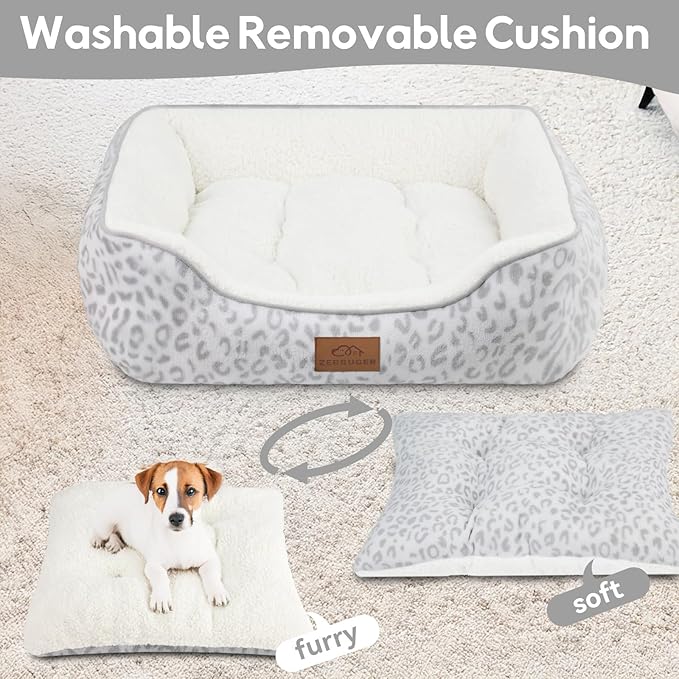 Rectangle Cat Dog Bed for Large Medium Small Pets Indoor Outdoor Machine Washable Sleeping Sofa Non-Slip Bottom Soft Puppy Bed Durable Orthopedic Calming Pet Cuddler (Medium, White Leopard)