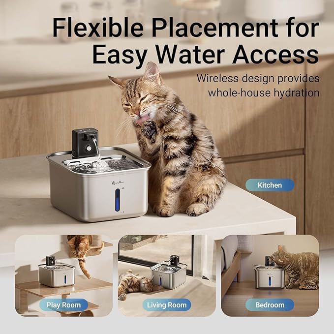 DownyPaws Cat Water Fountain Stainless Steel Wireless, 101 oz/3L FurSink Cordless Cat Water Dispenser for Pets, Battery Operated Dog Drinking Fountain with Motion Sensor, Black with 6 Filters
