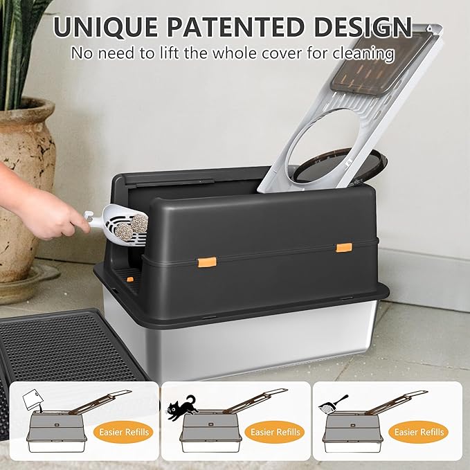 Stainless Steel Litter Box with Lid, XXL Extra Large Metal Cat Litter Boxes for Big Cats Enclosed, Easy to Scoop with Litter Scoop Set, High Sides Enclosure Anti-Urine Leakage Non-Sticky, Black