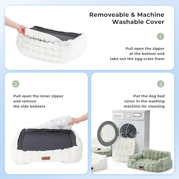 Cat Couch Bed for Indoor Cats - Orthopedic Cat Sofa with Supportive Egg Foam, Fluffy Cute Faux Fur Removable Washable Cover and Non-Slip Bottom, Grey