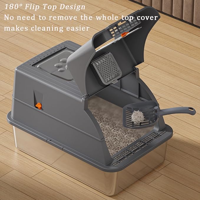 Stainless Steel Litter Box with Lid, 180° Flip-Top Extra Large Enclosed Litter Box, Anti-Leakage Covered Cat Litter Pan with Litter Scoop, Filter Pedal, Odor Free, Front and Top Dual Entry