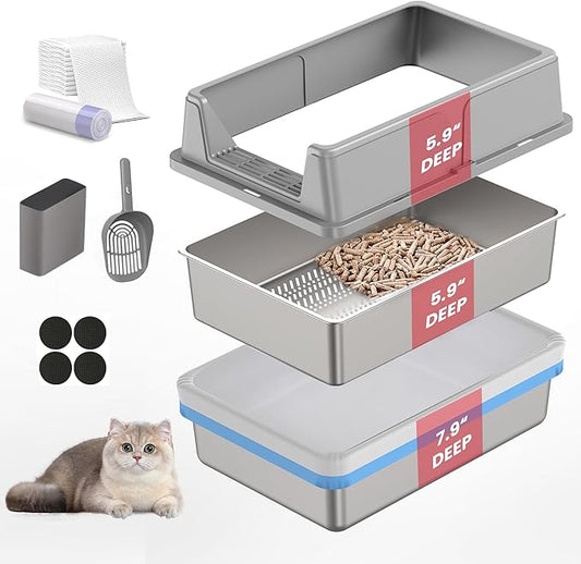 23.6" x 15.7" x 14.7" TIUUBT Stainless Steel Sifting Litter Box for Pine Pellets, XL Sifting Cat Litter Box with Sifter, High Side for Big Cats, Anti-Leakage, Odor Control, Includes Scooper