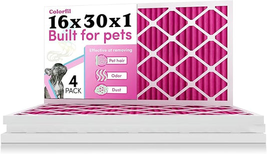 16x30x1 Air Filter by Colorfil | Color Changing Filters for Cat and Dog Odor | MERV 8 Furnace AC Filter for Pet Hair and Dust | 15.75"x29.75"x0.75" Exact Size | Pack of 4