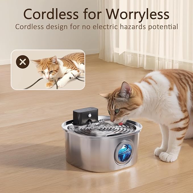 Stainless Steel Wireless Cat Water Fountain: Voluas 3.2L/108oz 3-Modes Pet Drinking Fountain Indoor Cordless Motion Sensor Fountain with 4200mAh Rechargeable Battery Operated