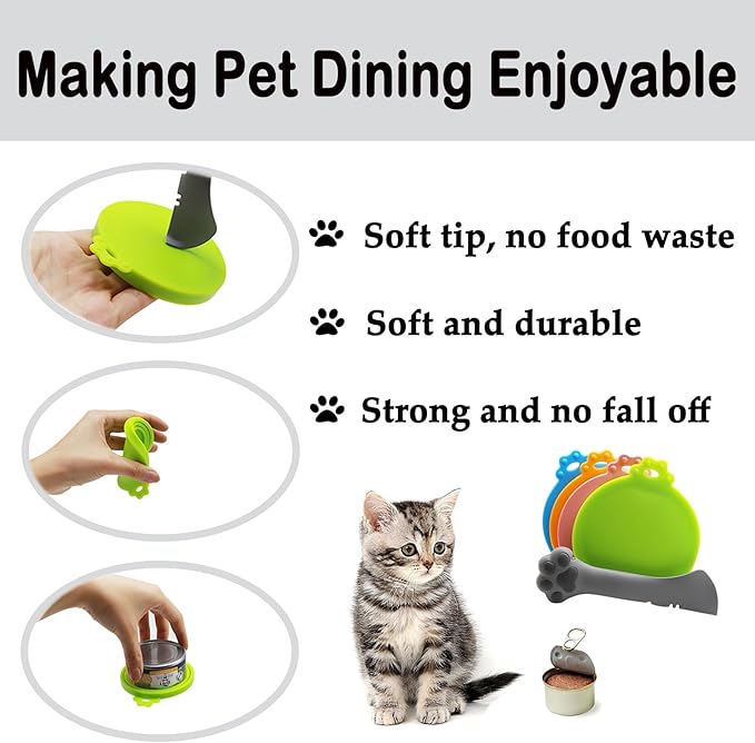 Food Can Spoon & Lids, One Multi-Functional Opener Spatula, 4 PCS BPA Free Silicone Universal Can Covers, Cute Paw Shape Spoon for Cat Dog Wet Food (Grey)