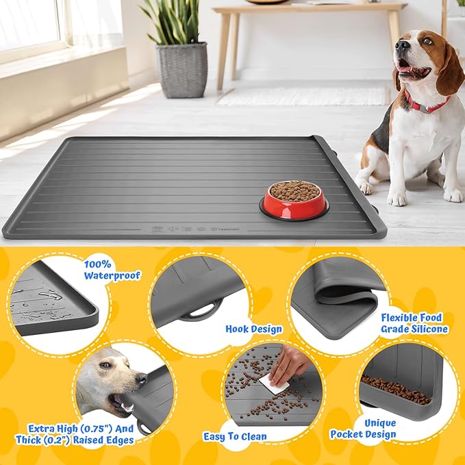 Dog Feeding Mat - 39''x27'' Large Silicone Pet Food Mats with Residue Collection Pocket and High Edges, Floors Waterproof Dog Cat Bowl Mat Prevent Water Food Spills, Light Grey