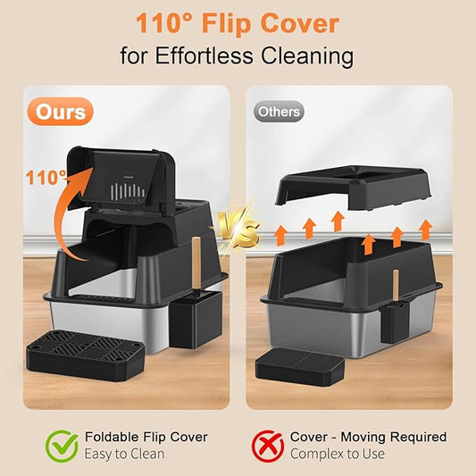 URPOWER Stainless Steel Cat Litter Box with Lid 110° Flip-Top Extra Large Enclosed Litter Box Non-Sticky Metal Pan with High Sided & Scoop, Odor Free, Front & Top Entry, Anti-Leakage, Easy Cleaning